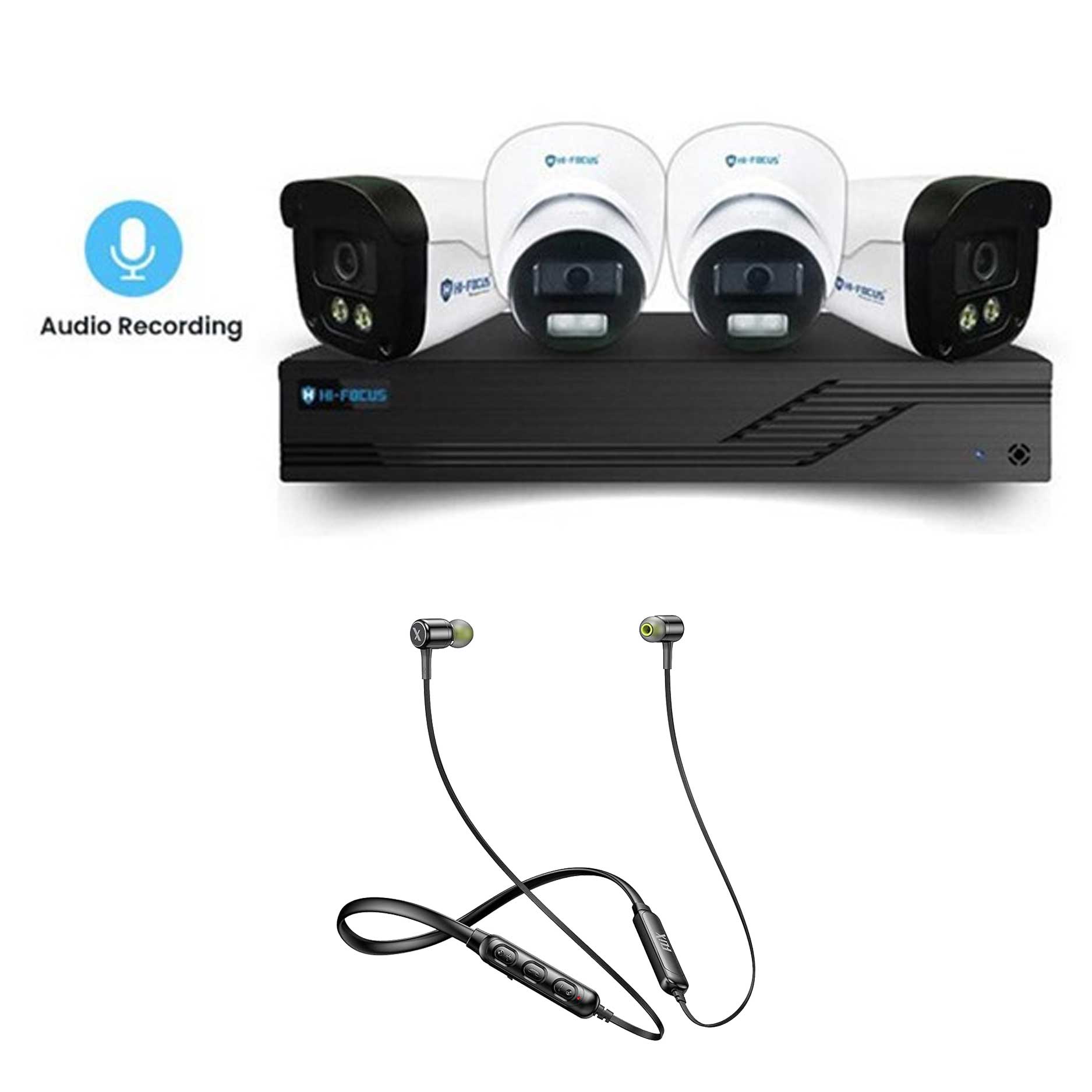 Picture of Hi-Focus 4 CCTV Cameras Combo (2 Indoor & 2 Outdoor CCTV Cameras With Mic) 👨🏻‍🔧 With CCTV Installation +DVR + 500 GB HDD + Accessories + Power Supply + 90m Cable + Flix Beetel Blaze 100 Wireless Bluetooth in Ear Comfortable Sports Neckband